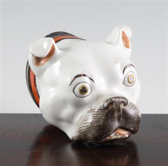 A Staffordshire porcelain bulldogs head table snuff box, c.1860, length 11.5cm, slight wear to the enamels